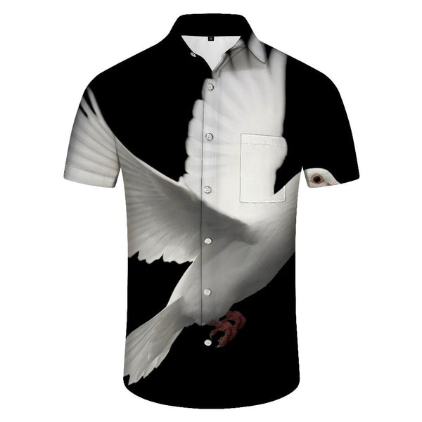 
Sky black white flying pigeon men's casual button shirt short sleeve regular style short sleeve printed shirt beach clothing
                