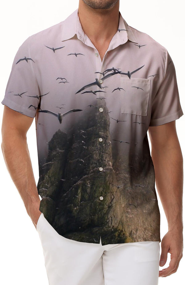 Cliffs Fauna Bird Print Men's Casual Short Sleeve Top Button Tropical Four Seasons Summer Beach Formal Short Sleeve Shirt