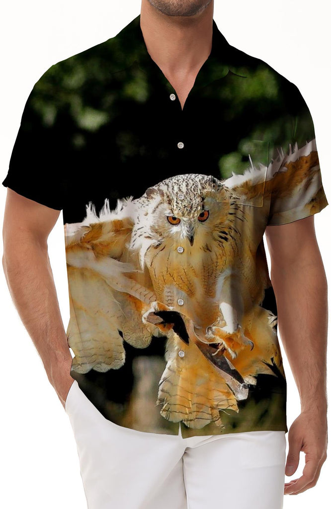 Snow Owl Eye Men's Casual Button Short Sleeve Shirt Cuban Print Shirt Summer Fashion