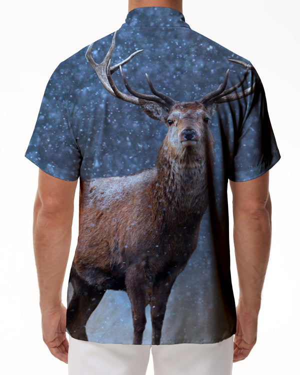 
Deer in the snowy forest Men's Hawaiian shirt for a beach evening on vacation Short sleeves Casual button down
                