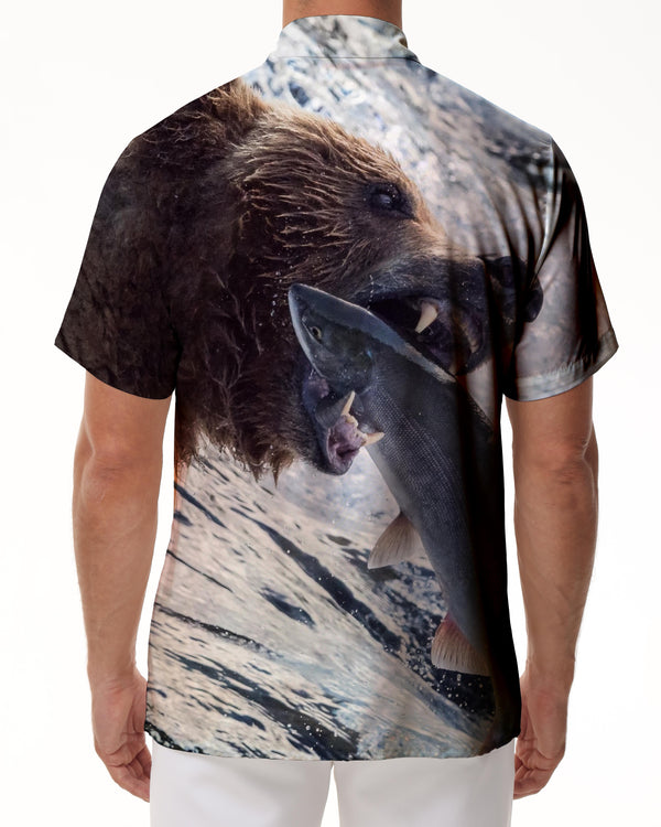 
Retro funny bear fishing seaside art print men's casual polyester shirt Hawaii beach vacation daily
                