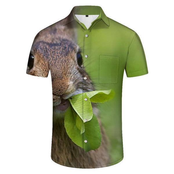 
Cartoon grazing rabbit funny short sleeve button shirt tops suitable for casual beach vacation Hawaiian shirt men
                