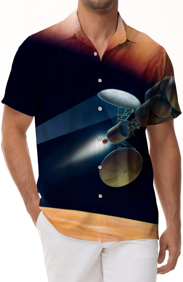 Mixed color stars outer space satellite science fiction print men's short sleeve summer four seasons collar Hawaiian holiday beach ocean