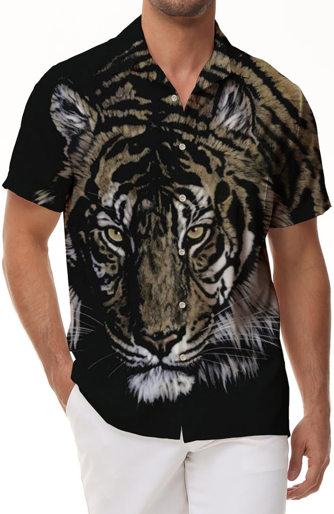 Black Fierce Tiger Men's Festival Shirt Relaxed Regular Fit 3D Print Short Sleeves Lapel Button Style