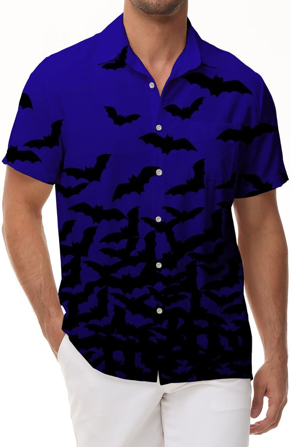 Navy Blue Christmas Top Fashion Casual Men's Halloween Bat Print Pattern Flower Short Sleeve Shirt