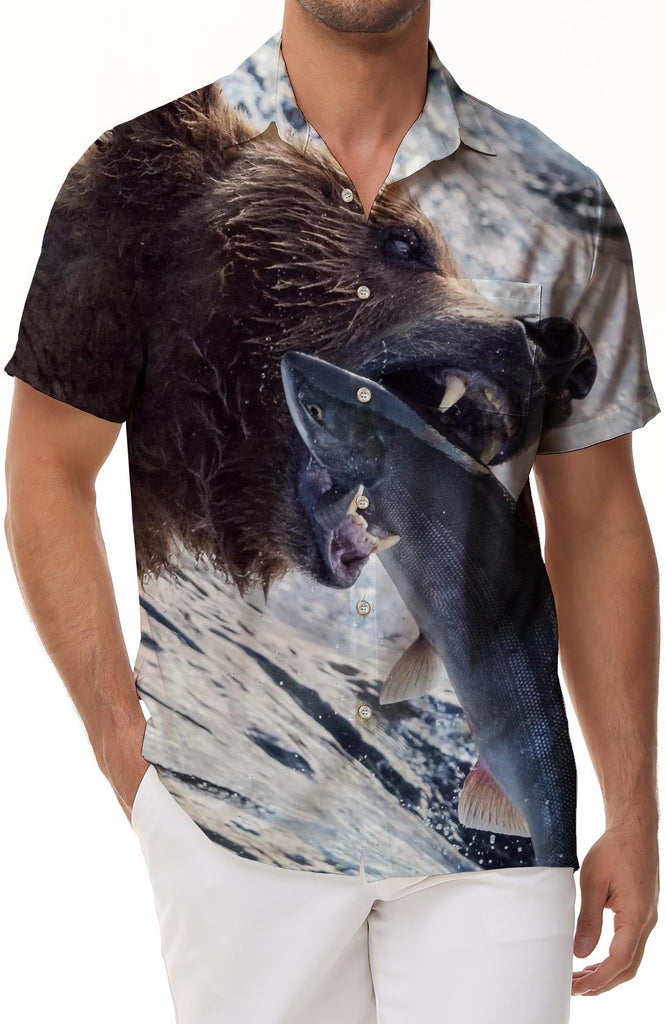 Retro funny bear fishing seaside art print men's casual polyester shirt Hawaii beach vacation daily