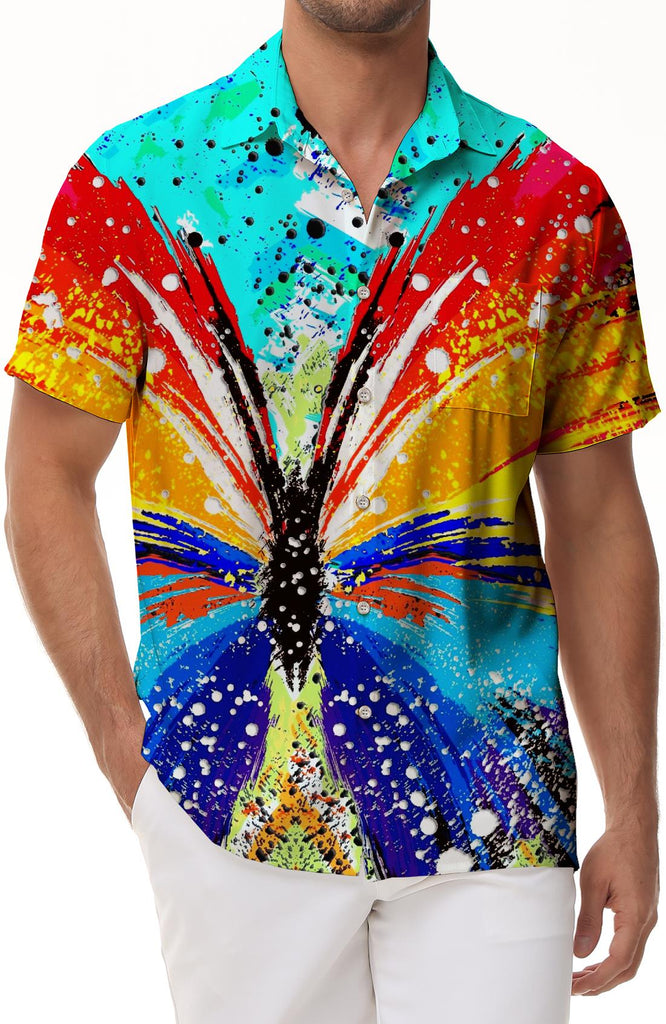 Artistic colorful butterfly digital print pattern fashion casual men's Hawaiian tropical beach vacation top short sleeve
