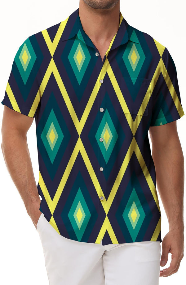Men's summer fresh blue yellow green geometric pattern shirt