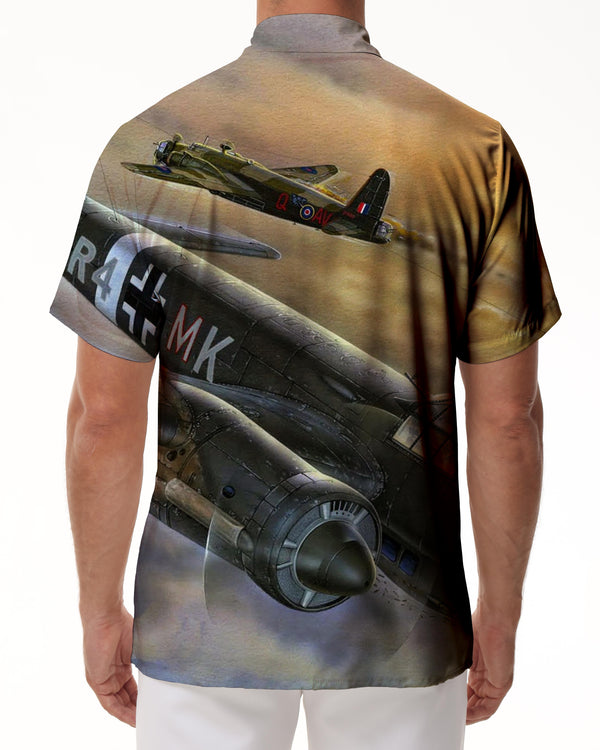 
British retro Hawaiian shirt fighter print pattern casual men's outdoor four seasons short sleeve tropical style
                