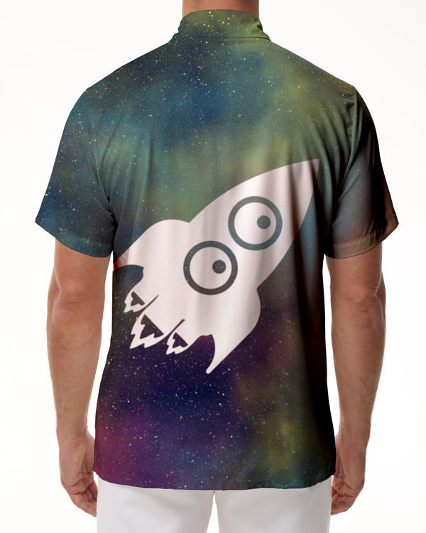 
Galaxy Silver Sea White Cartoon Rocket Print Men's Short Sleeve Shirt Casual Button-down Top Hawaii Beach Seaside
                