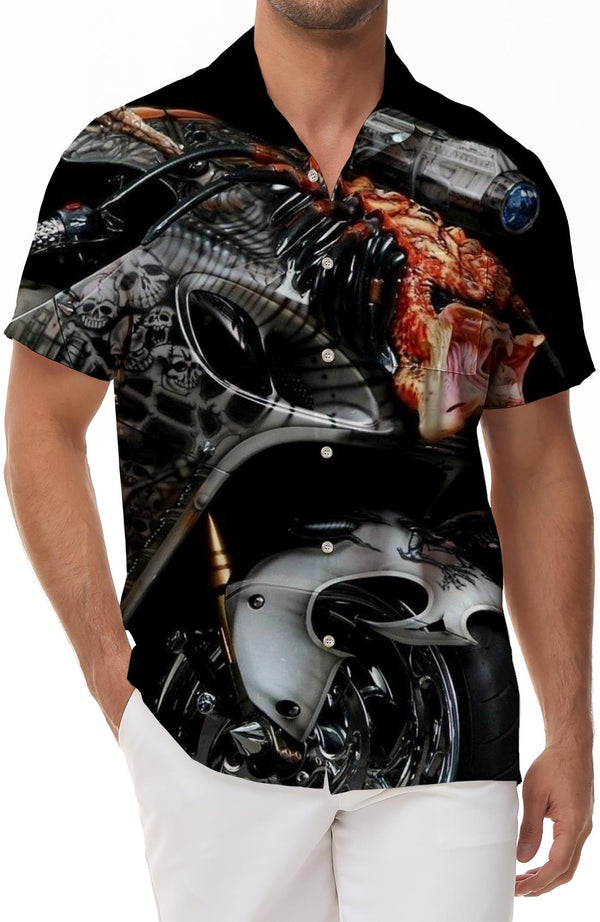 Horror Undead Motorcycle Skull Men's 3D Printed Pattern Short Sleeve Street Hip Hop Lapel Casual Top Regular Style