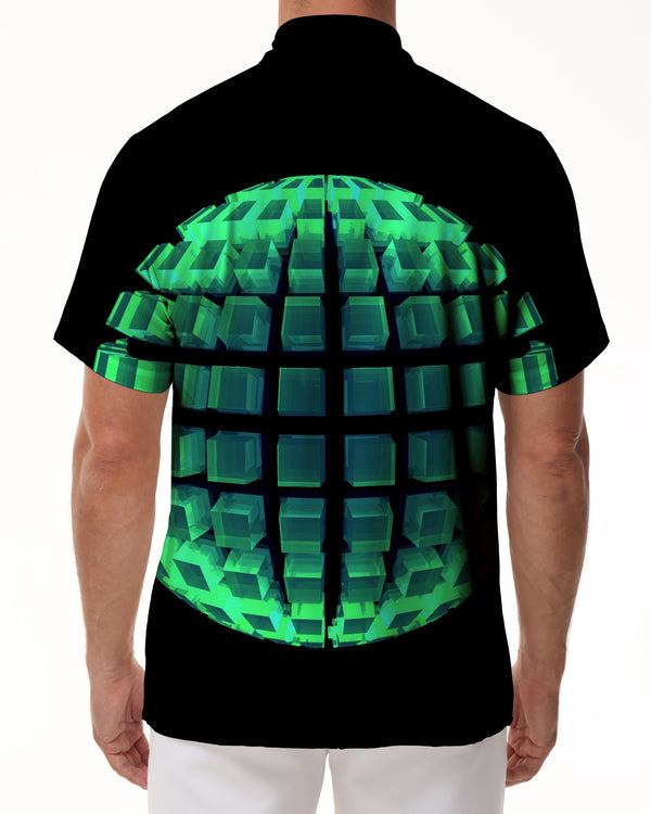 
Black abstract geometric green geometric small square short-sleeved shirt casual men's lapel 3d digital printed top
                