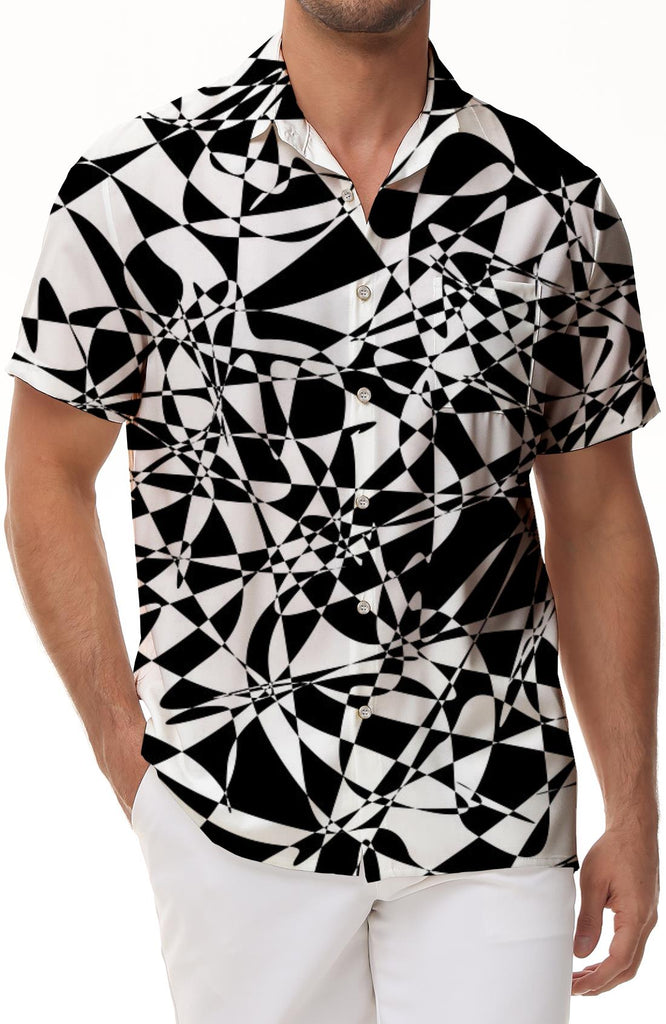 Fashion black and white geometric print Hawaiian shirt men's short-sleeved casual tops summer vacation essential fashion clothing