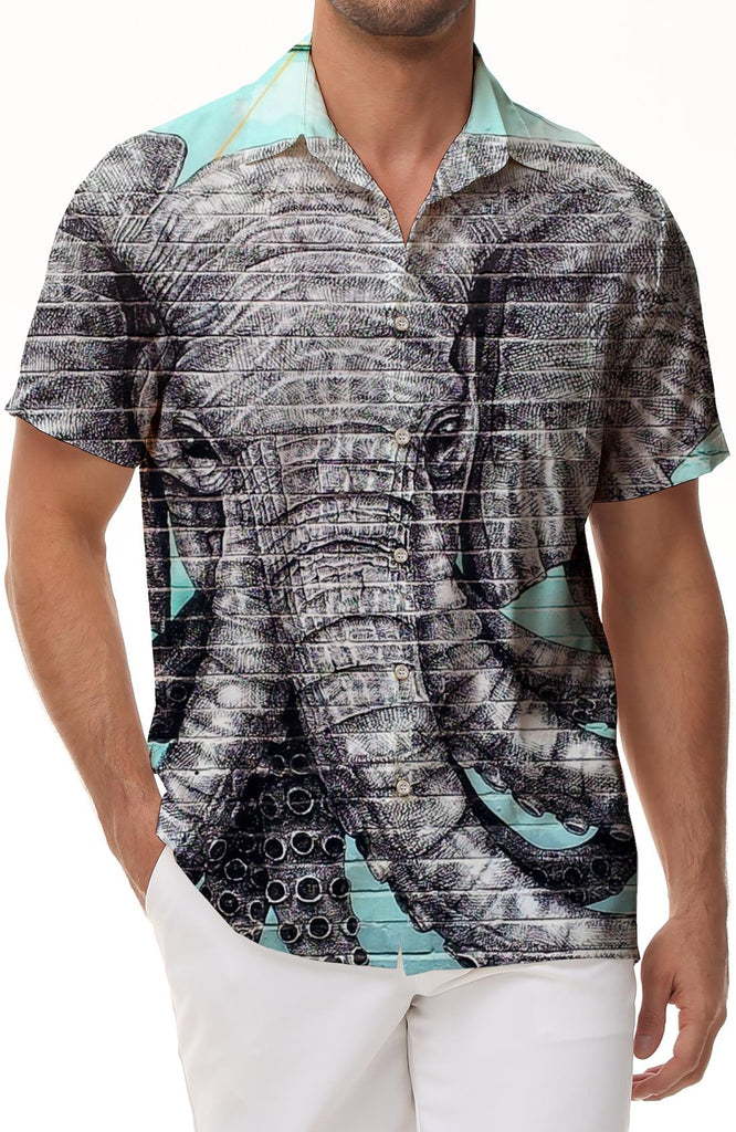 Gray parasitic abstract elephant digital print Hawaiian button pocket men's casual style travel vacation shirt short sleeve