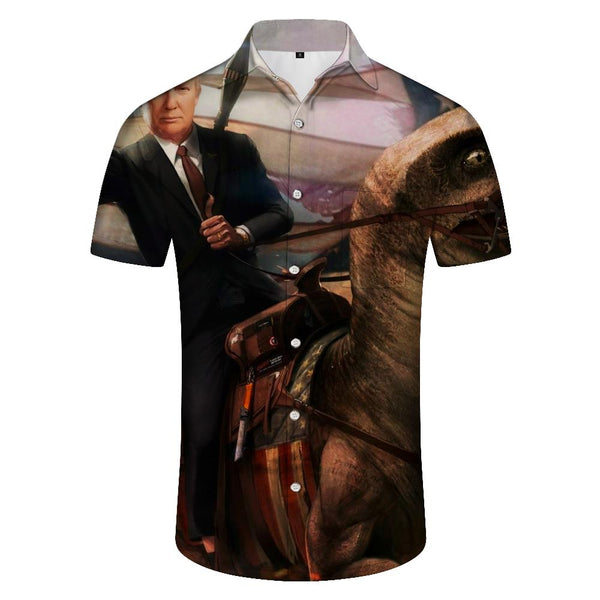 
Interesting Trump fashion print men's casual button lapel Hawaiian four seasons short sleeve shirt happy travel
                