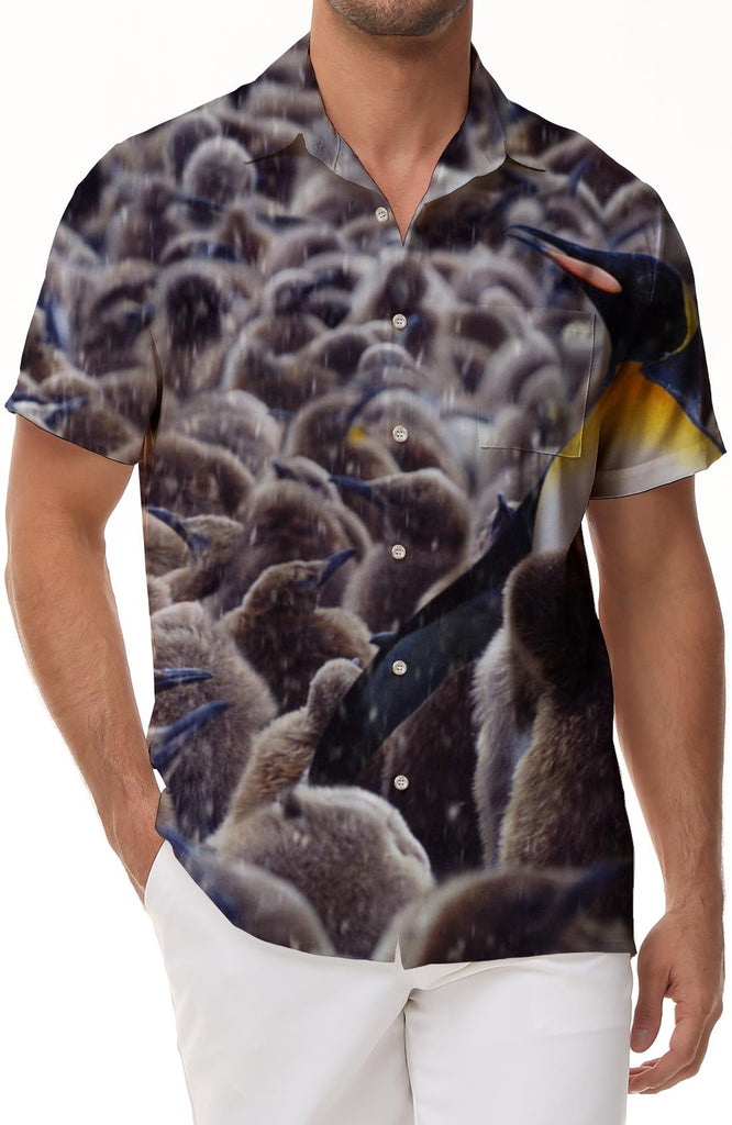 A Group of Penguins Birds Vacation Beach Summer Men's Tops with Pockets Short Sleeve Loose Casual Shirt