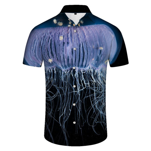 
Black deep sea purple transparent jellyfish ocean print men's casual loose collar short sleeve shirt short sleeve
                