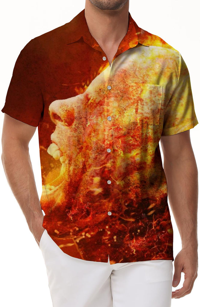 Burning head in the flames 3D digital printing men's casual loose daily travel vacation Hawaiian tropical four seasons short-sleeved shirt trend