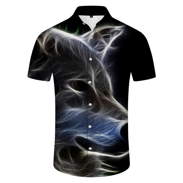 
Wolf Shadow Summer Shirt Lapel Hawaiian Button Youth Beach Shirt Short Sleeve Abstract Print Wolf Head Ink Black
                