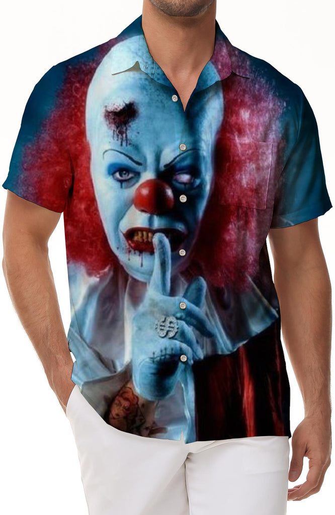 Halloween Bald Clown Button Pocket Casual Short Sleeve Shirt Hawaiian Casual Loose Men's Button Pocket Lapel Top