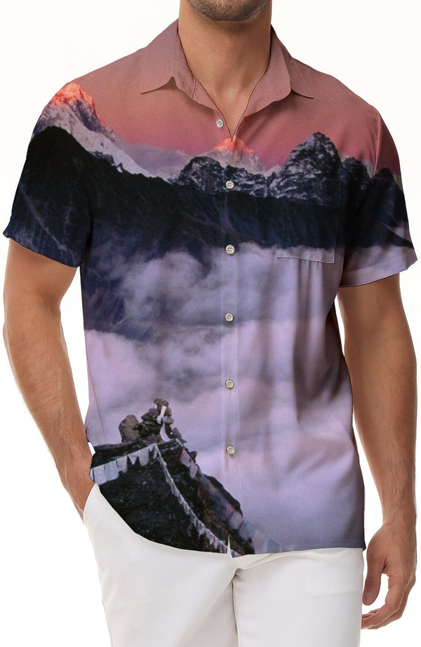 Himalayan Sunrise Print Men's Polyester Shirt Short Sleeve Button Shirt Hawaiian Shirt Vacation