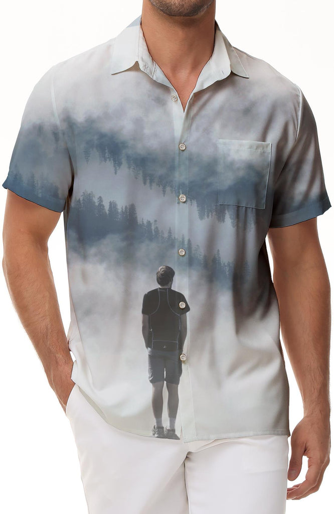 Natural environment cartoon misty mountains men's casual loose short sleeve button shirt casual summer beach shirt