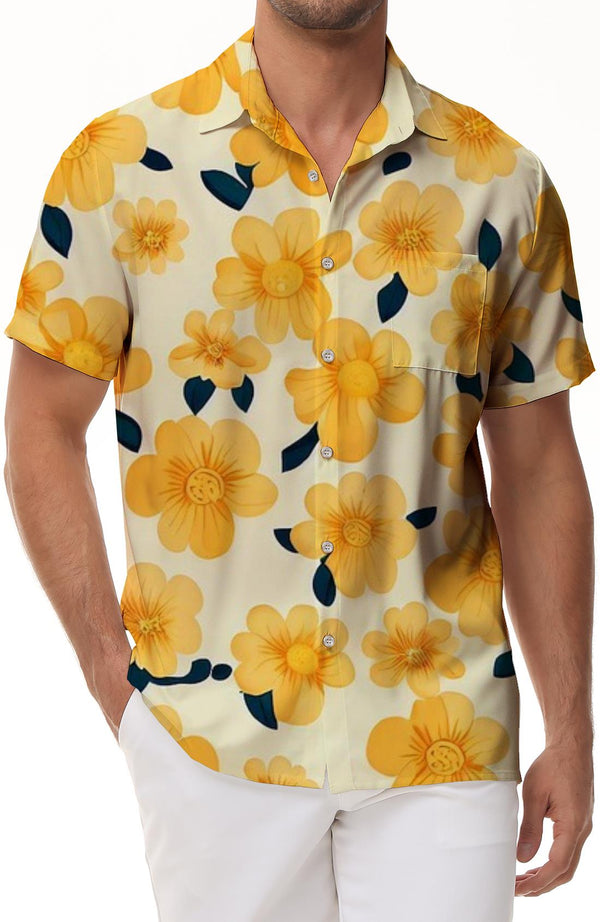 Yellow small flower print pattern button-down lapel men's casual loose tropical Hawaiian cool fashion top