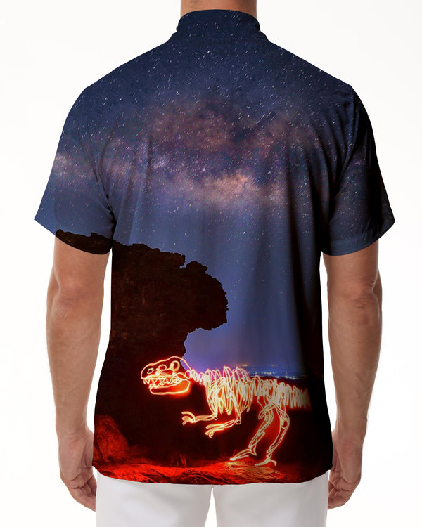
3d Printed Fluorescent Dinosaur Breathable Shirt Men's Loose Casual Vacation Travel Beach Hawaiian Button Lapel Pocket Shirt
                