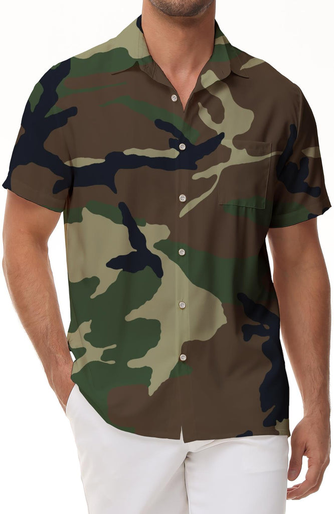 Boys' lapel short-sleeved 3D printed pattern Forest green and brown camouflage tops are suitable for daily street casual style and seaside play