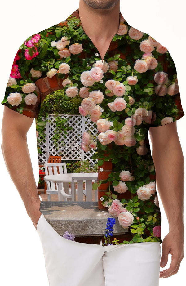Pink rose flower style pattern tropical Hawaiian button-down lapel pockets men's casual daily loose short sleeves