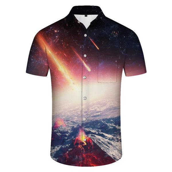 
New meteor shower 3D printed single button shirt creative planet element fashionable fun short sleeve shirt cool
                