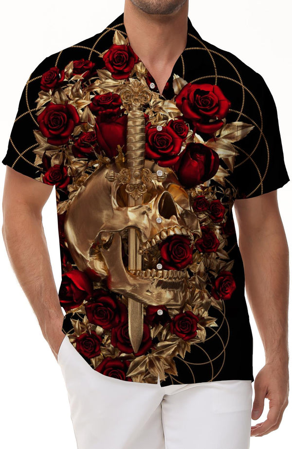 Rose Skull 3D Printing Retro Casual Short Sleeve Lapel Street Men's Casual Tropical Summer Hawaiian Style Shirt