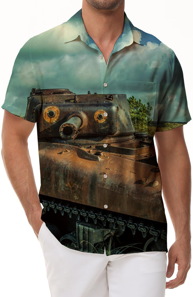 Army USA Vietnam Era Flamethrower Tank Hawaiian Button Lapel Tropical Men's Loose Street Indoor