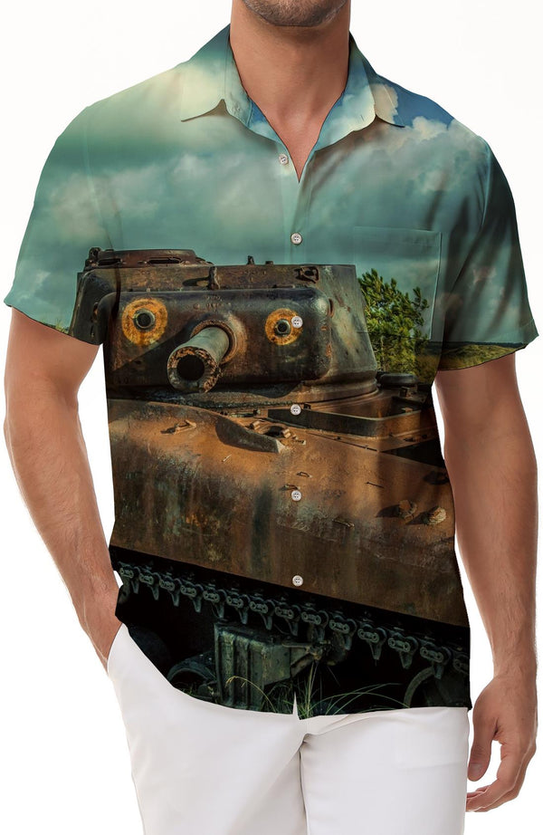 Army USA Vietnam Era Flamethrower Tank Hawaiian Button Lapel Tropical Men's Loose Street Indoor