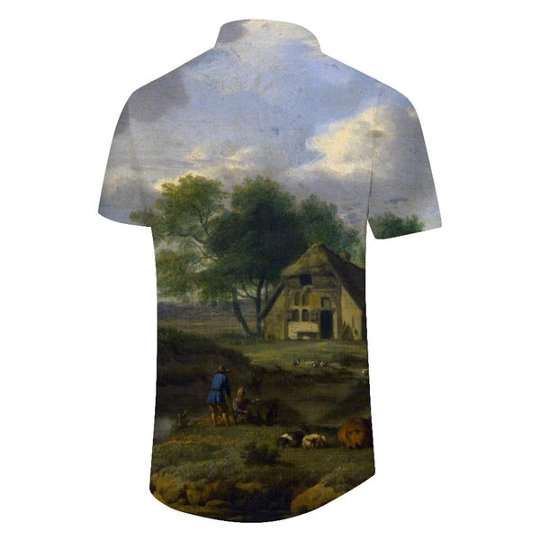
Oil painting retro natural style Hawaiian tropical lapel tie pocket buttons Men's casual loose short sleeve shirt
                