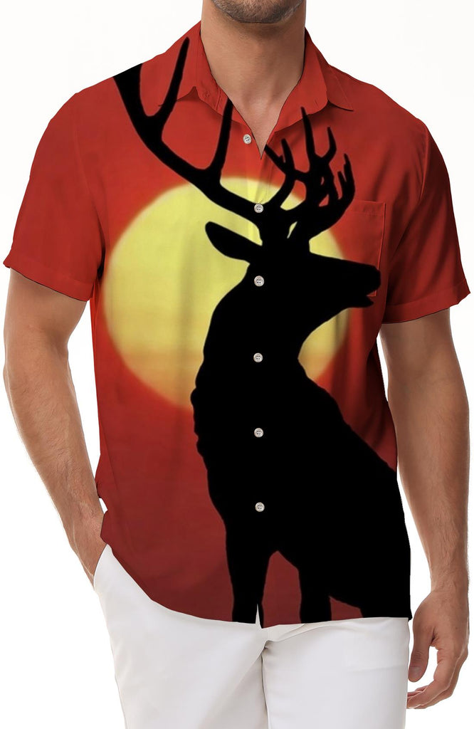 Elk at sunset men's Hawaiian shirt short sleeve button down shirt top suitable for casual beach vacation