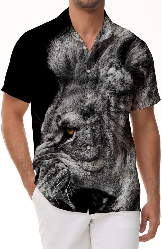 Animal Men's Lion Letter Shirt Short Sleeve Fashion Designer Casual Outdoor Leisure Summer Spring Lapel Print Black