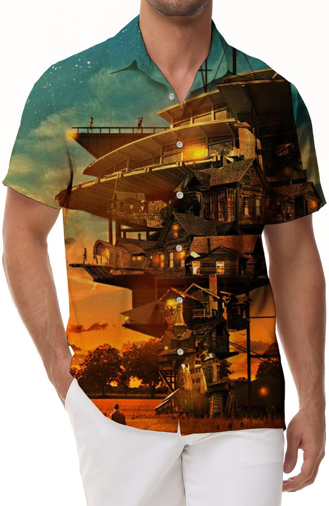 Fantasy sunset abstract personalized house men's loose daily leisure outdoor fishing walking clothing fashionable and comfortable summer shirt clothes