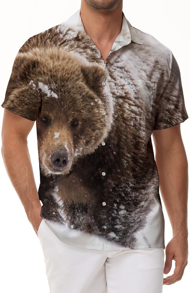 Big Snow Animal Bear Hawaiian Shirt Short Sleeve Button Shirt Casual Beach Shirt Tops Men
