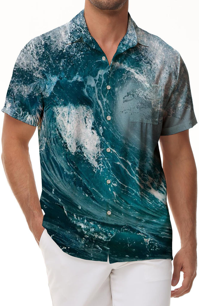 Tropical Hawaiian Button Four Seasons Men's Beach Shirt Short Sleeve Print Blue Waves Roaring