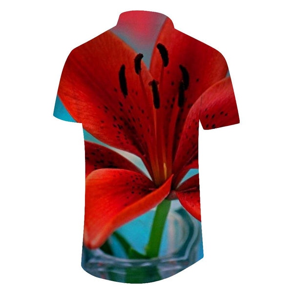 
Bright red flower men's short sleeve shirt casual button down summer beach shirt classic fit top short sleeve shirt flower
                