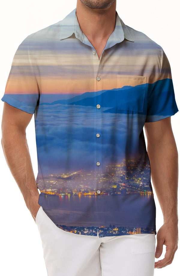 Fashion tops for men casual daily loose fashion personality button pocket lapel short-sleeved shirt Hawaiian