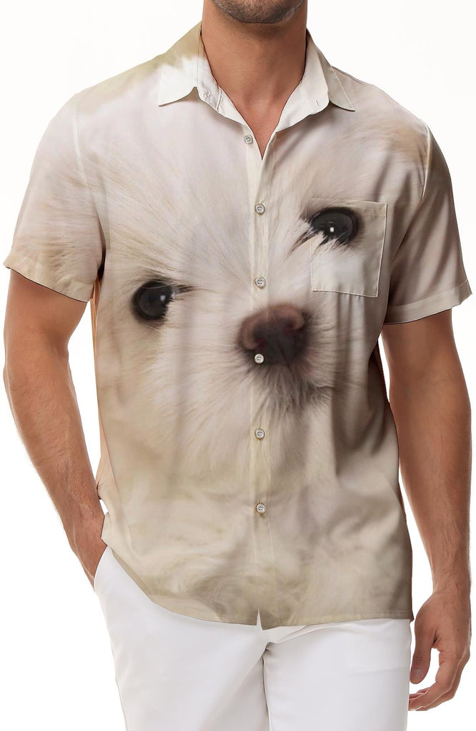 Maltese Dog Cute Button Men Casual Loose Tropical Hawaiian Button Lapel Vacation Beach Short Sleeve Shirt