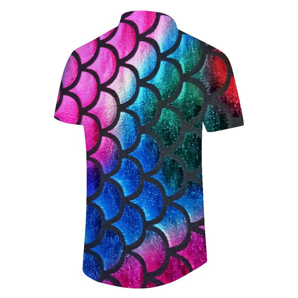 
Colorful fish scale fashion men's casual loose short sleeve cool fun tropical Hawaiian lapel button shirt
                