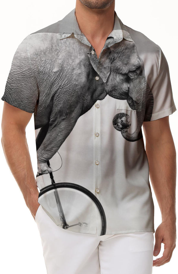 Amusement Park Bike Show Elephant Short Sleeve Button-Down Beach Shirt Men's Ocean Tropical Hawaiian Short Sleeve Shirt Black and White