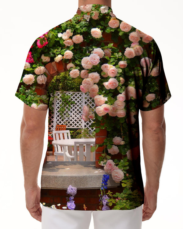 
Pink rose flower style pattern tropical Hawaiian button-down lapel pockets men's casual daily loose short sleeves
                