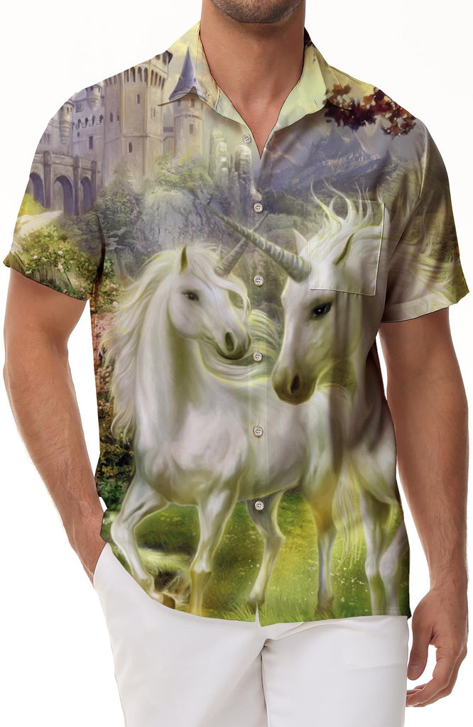 Castle Summer Double White Unicorn Men's Casual Short Sleeve Shirt Pocket Button Shirt Travel Top