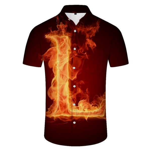 
Fashion L English letter retro cool flame Hawaiian shirt beach shirt clothes men's printed short-sleeved shirt classic
                