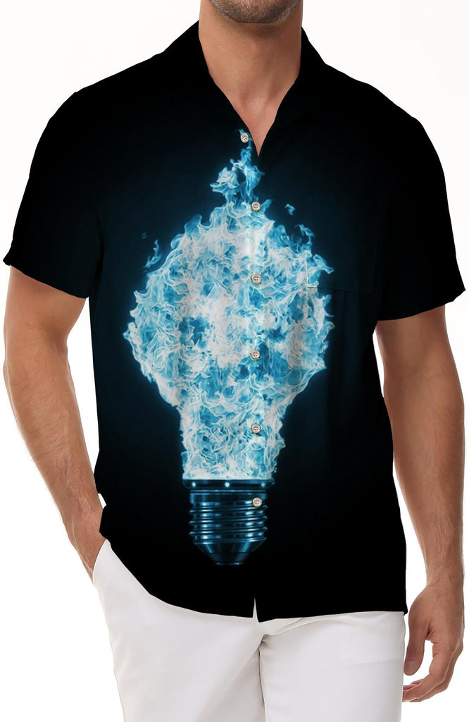New black blue light bulb print men's daily street loose casual short-sleeved shirt comfortable and breathable