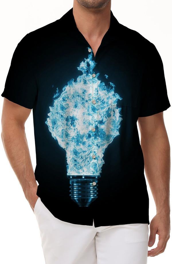 New black blue light bulb print men's daily street loose casual short-sleeved shirt comfortable and breathable